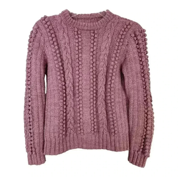 Handmade Wool Blend Sweater Women L Pink Pom Knit Cable Pullover Cottagecore - Picture 1 of 7
